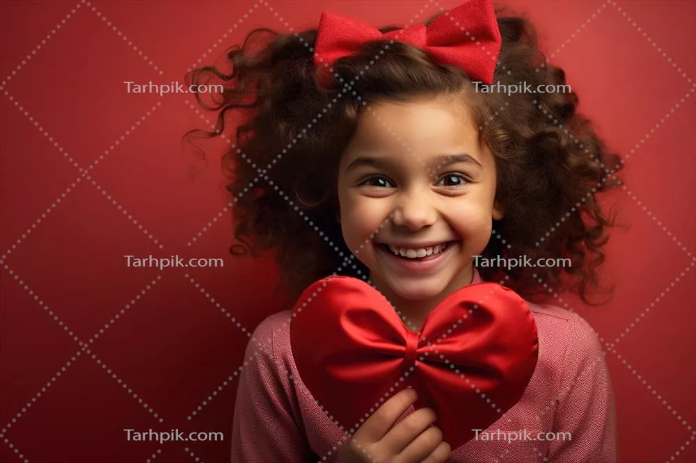پرتره‌ای جذاب از یک دختر بچه خوشگل با قلب قرمز در روز ولنتاین