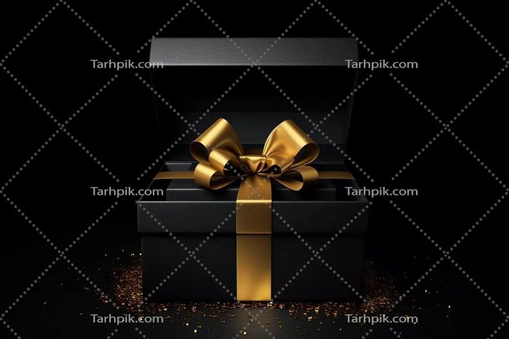 جعبه هدیه سیاه با روبان طلایی روی پس‌زمینه سیاه برای روز ولنتاین - طراحی سه‌بعدی با هوش مصنوعی