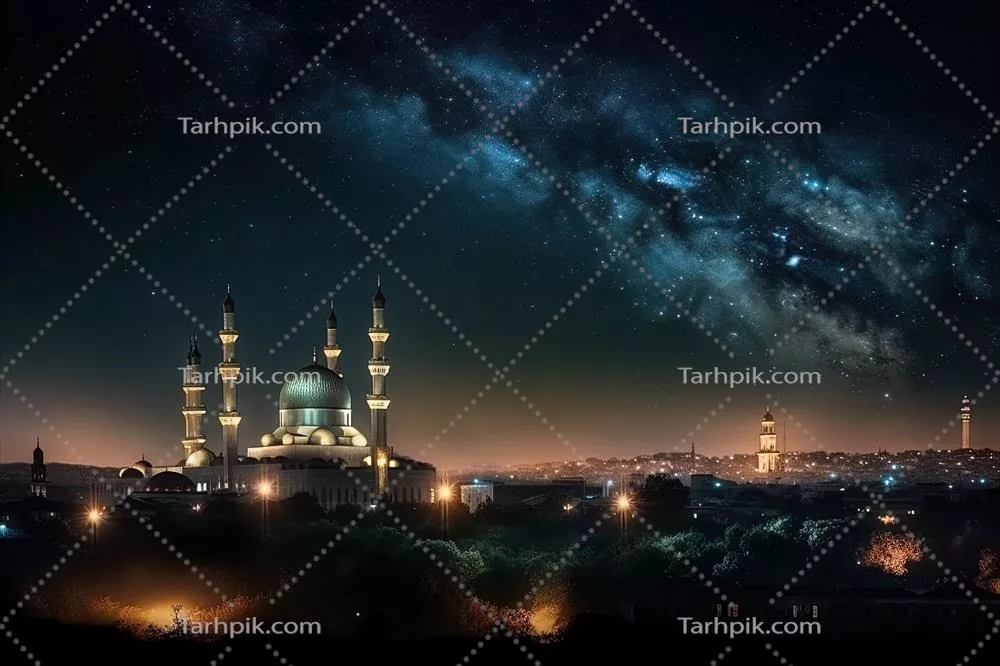 آسمان زیبا و پرستاره در شب رمضان با مسجدی illuminated در پسزمینه