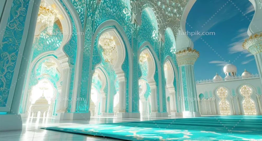 صحنه اسلامی تولید شده با هوش مصنوعی با نورپردازی تزئینی و چراغهای آویز زیبا