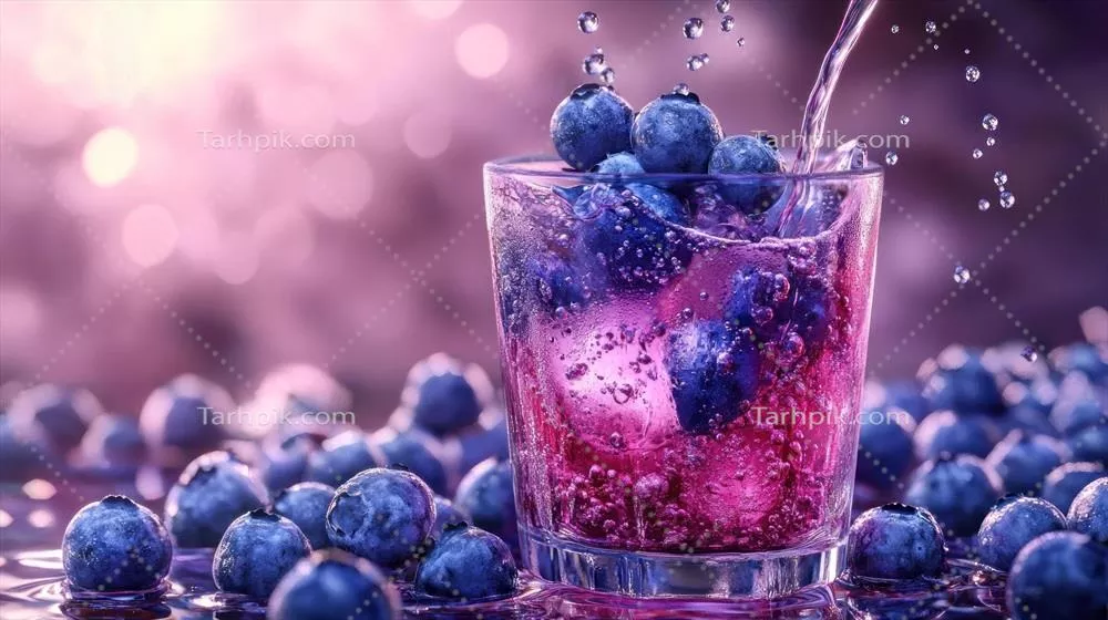 آب‌میوه بلوبری در حال ریخته شدن به داخل یک لیوان شفاف و زیبا