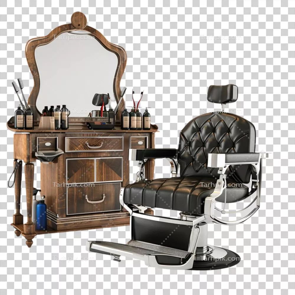 صندلی آرایشگری و آینه روی پس‌زمینه شفاف