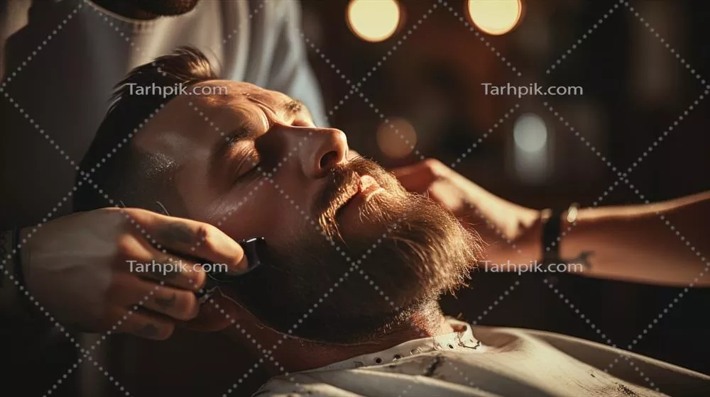 تصویری از آرایشگری که تیغ مستقیمی را برای اصلاح ریش مشتری آماده کرده است