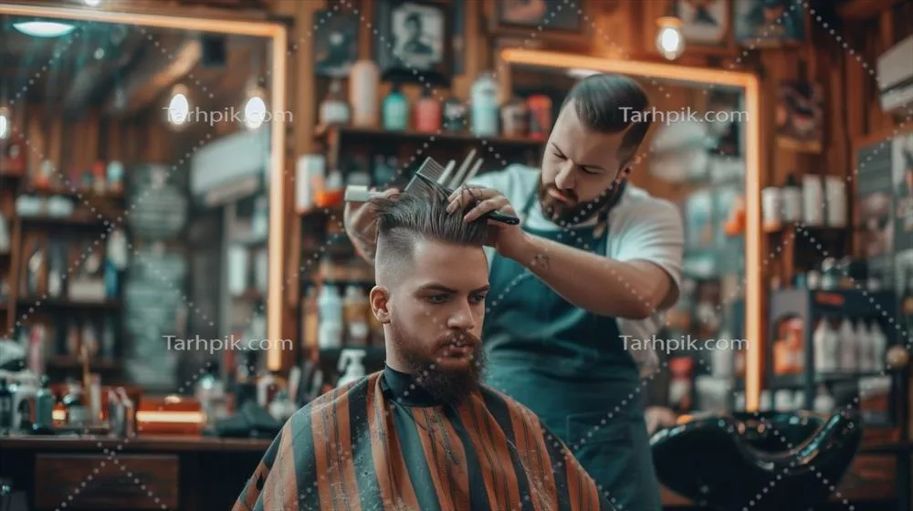 آرایشگر خوش چهره و جوان در حال کوتاه کردن موی مشتری در فروشگاه آرایش مدرن