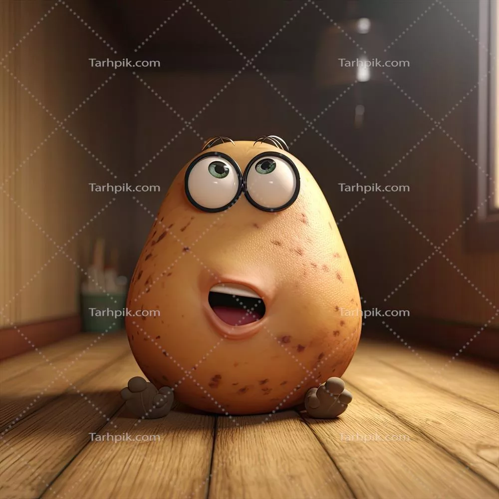 شخصیت کارتونی سیب‌زمینی 3D با سبک پیکسار در اتاق قهوه‌ای درخشان