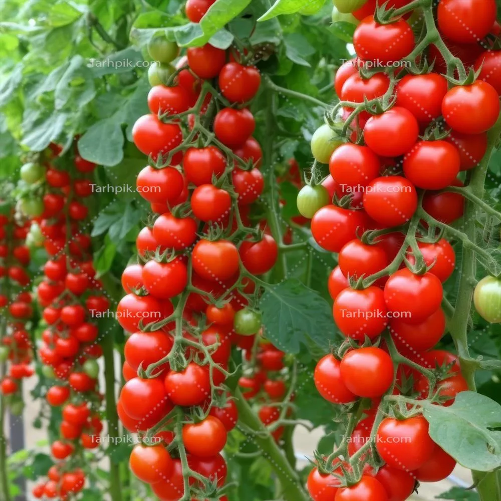 تصویرسازی گوجه‌فرنگی‌های قرمز در باغ به شیوه هوش مصنوعی