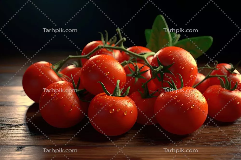 نمای نزدیک از گوجه‌فرنگی‌های تازه و رسیده روی پس‌زمینه چوبی
