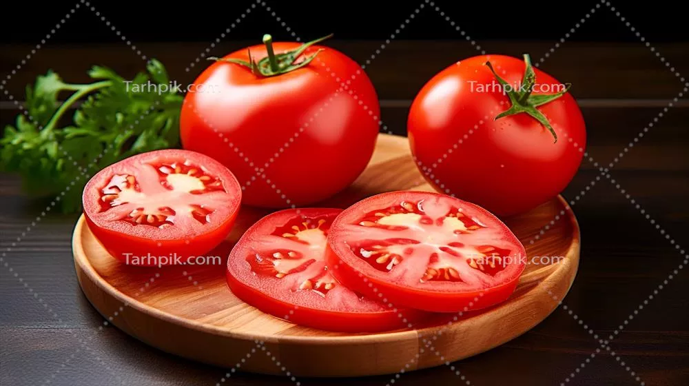 گوجه‌فرنگی و برش‌های آن بر روی صفحه چوبی با پس‌زمینه سیاه