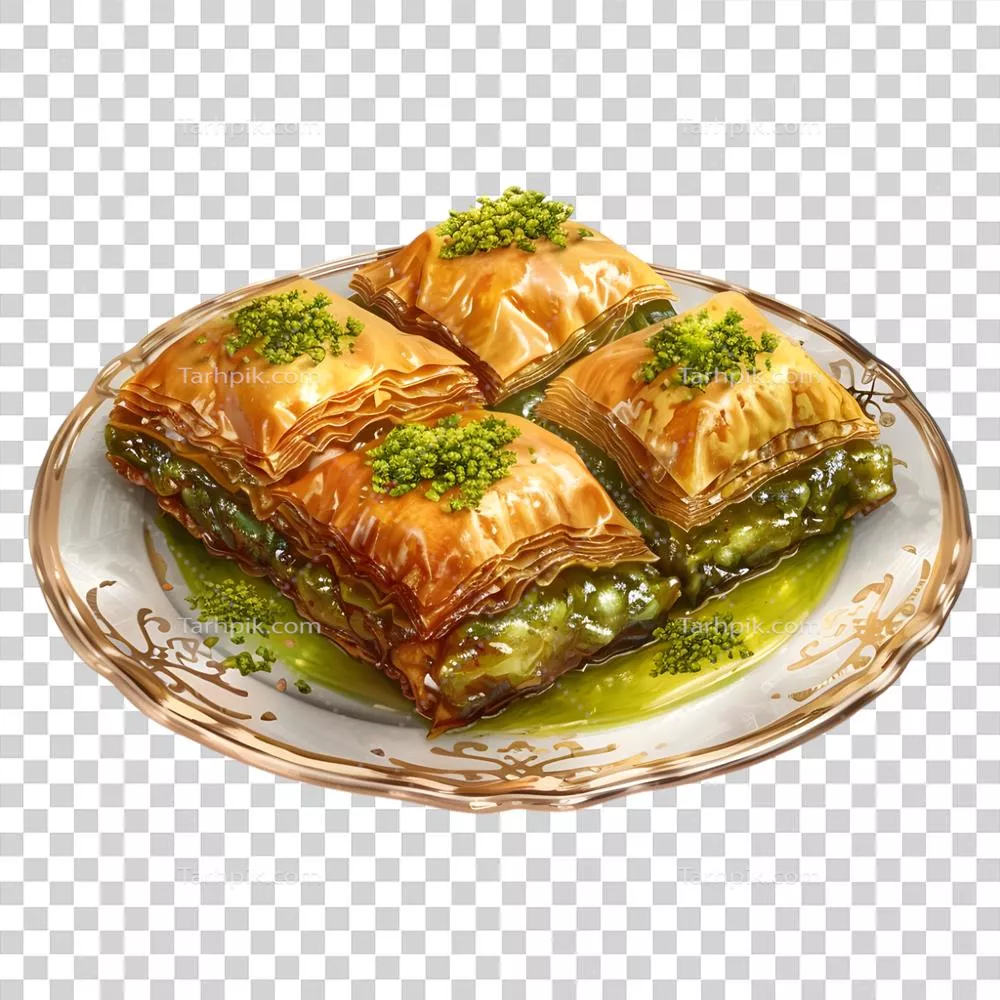 رندر سه بعدی دسر باقلوا ترکیه‌ای با پس‌زمینه شفاف
