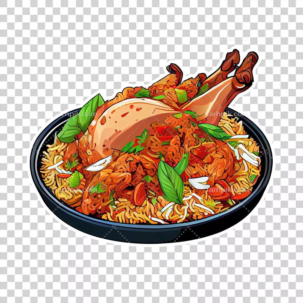 استیکر کارتون پائلا: غذای اسپانیایی با غذاهای دریایی، مرغ و زعفران