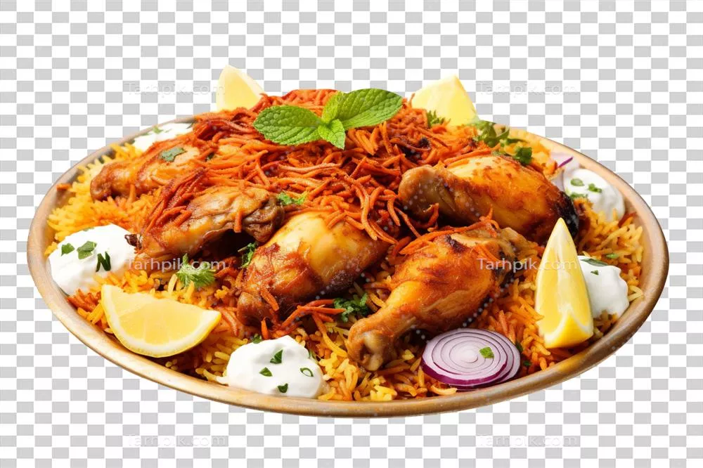 برنج بریانی مرغ خوشمزه با پس زمینه شفاف و جذاب