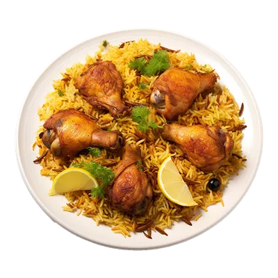تصویر تولید شده با هوش مصنوعی از بشقاب بیریانی مرغ با ادویه‌های خوشمزه