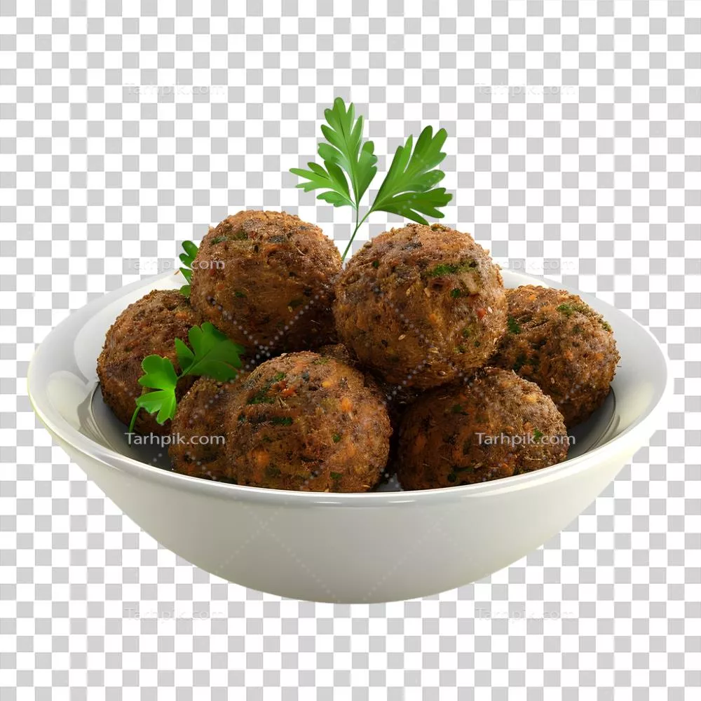 رندر سه بعدی از کوفته های گوشتی بر روی بشقاب با پس زمینه شفاف