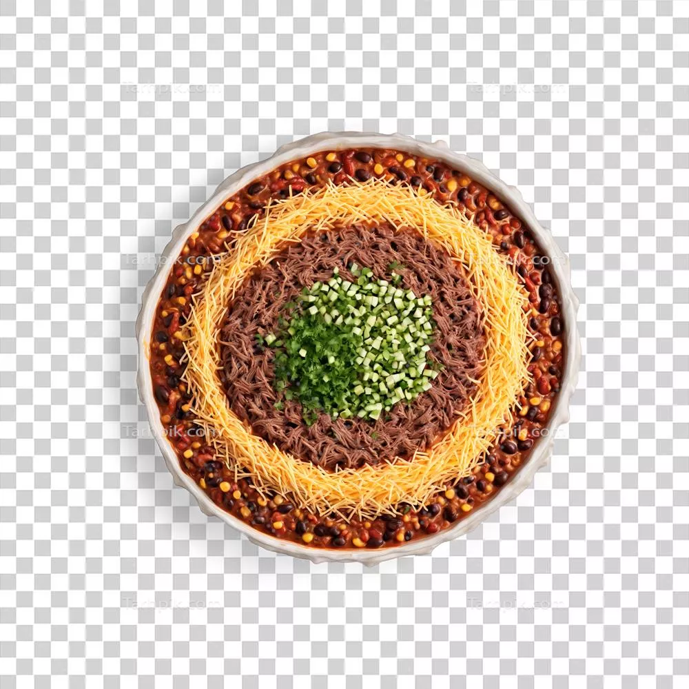 چیلای گوشت قرمز با لوبیا و سبزیجات به صورت لایه‌ای در طرح ماندالا