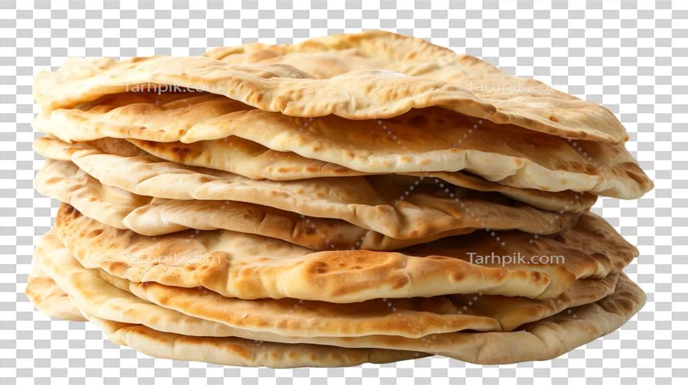 بستهای منظم و مرتب از نان پیتای تازه پخته شده روی زمینهای شفاف