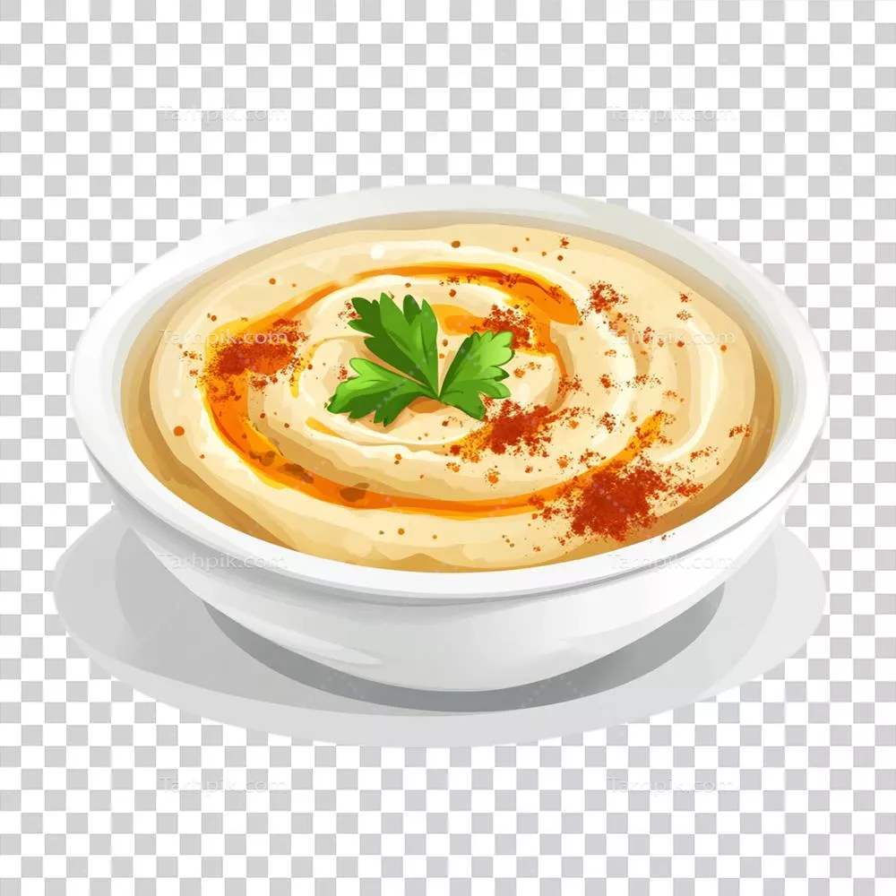 کاسه حمص خوشمزه با تزیین پاپریکا و جعفری بر روی پس زمینه شفاف