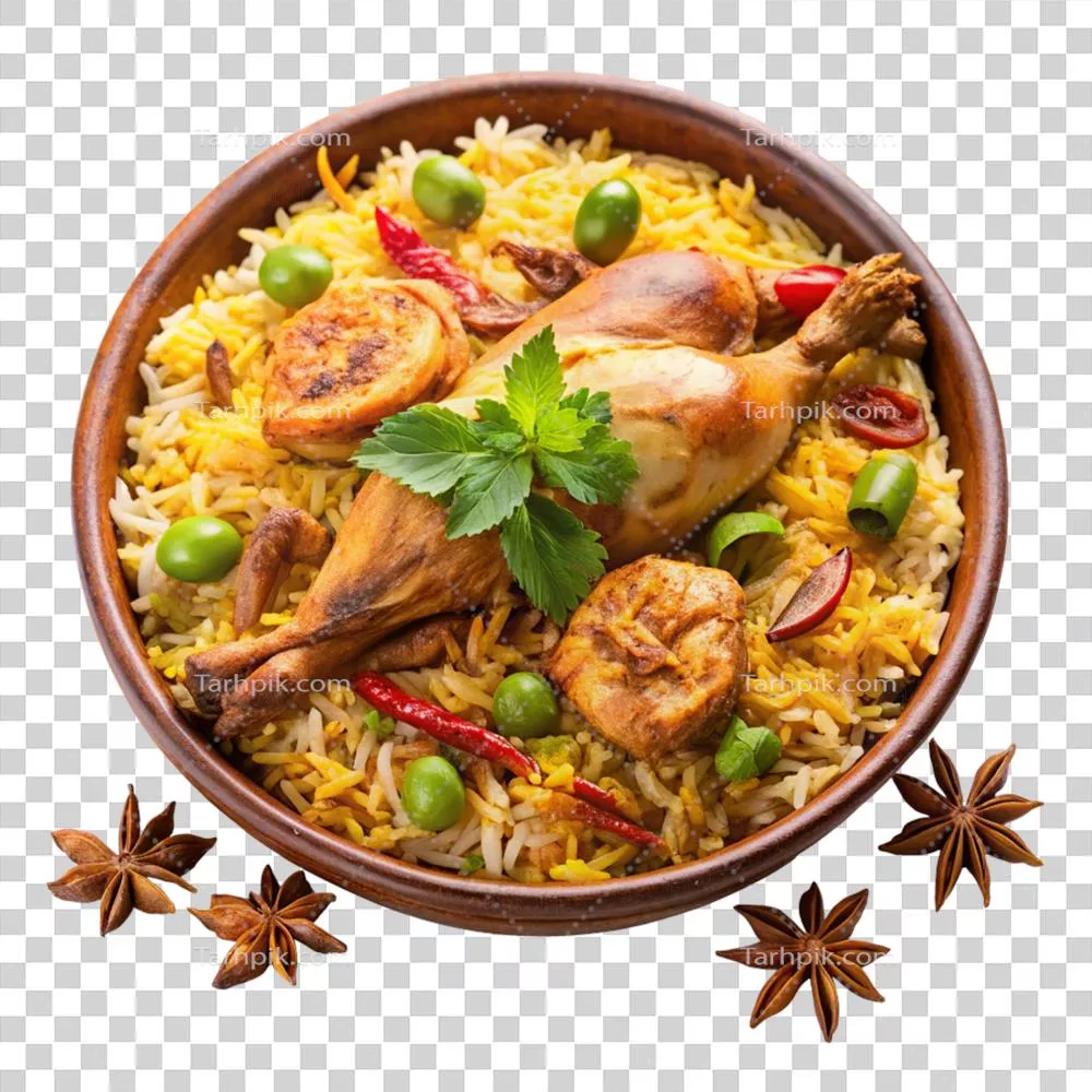 بریانی مرغ خوشمزه در کاسه چوبی با تزیین انیسون ستاره‌ای