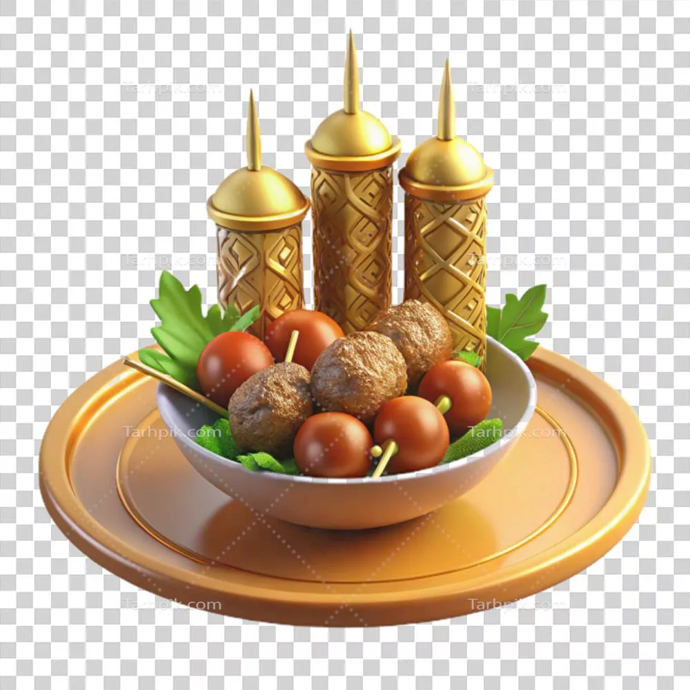 سینی طلایی حاوی کوفتههای گوشتی و میوههای خوشمزه