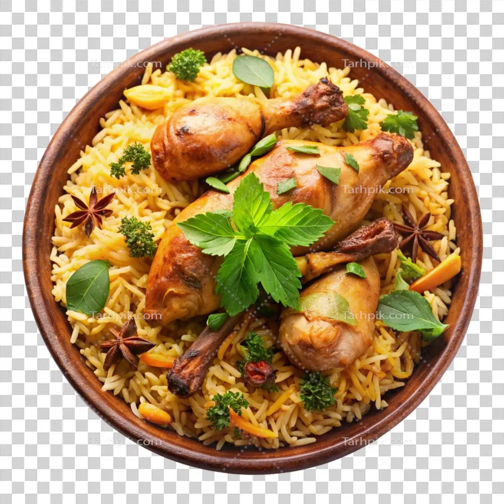 بریان مرغ خوشمزه در کاسه چوبی با برنج معطر و ران مرغ بریان و سبزیجات تازه