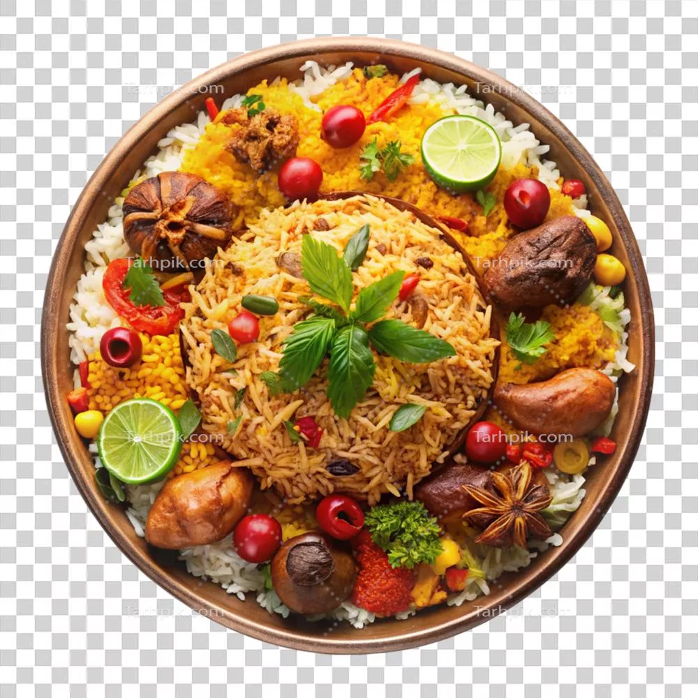 پلاتر بریانی خوشمزه و متنوع در پس زمینه شفاف