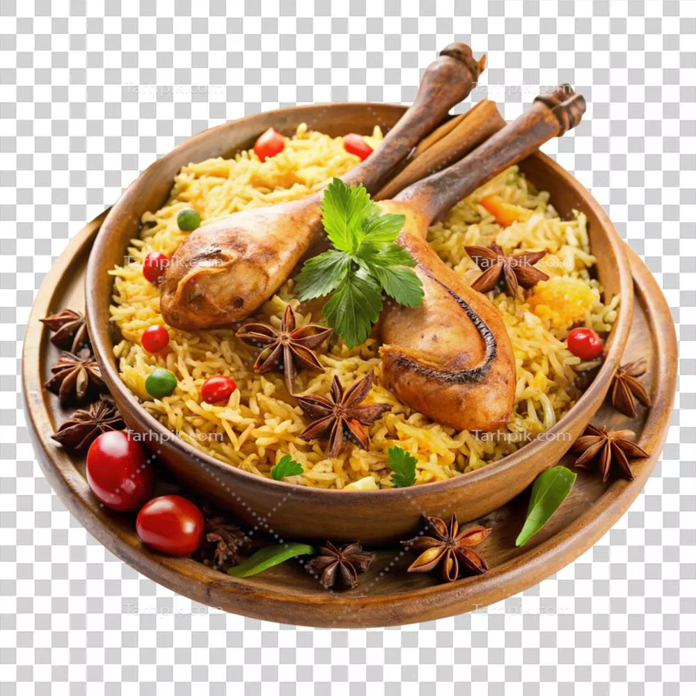 بریانی مرغ خوشمزه و معطر در کاسه چوبی با ادویه‌جات و گیاهان معطر