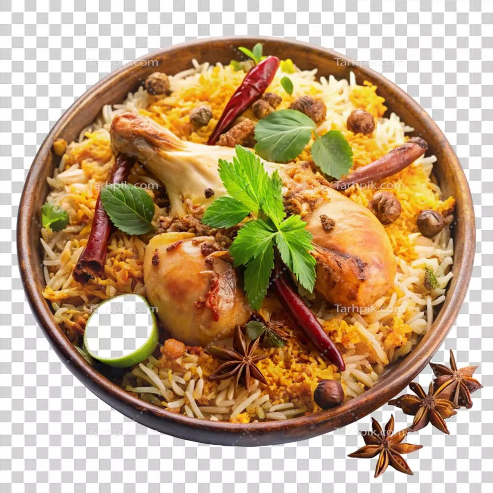 معطر و خوشمزه: بریانی مرغ در کاسه چوبی با ادویه‌جات و گیاهان