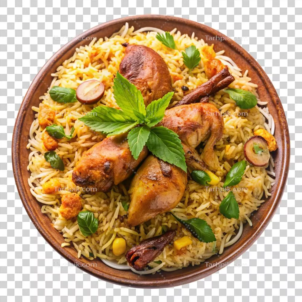 برنج بریانی مرغ خوشمزه با عطر ادویه‌جات و تکه‌های مرغ