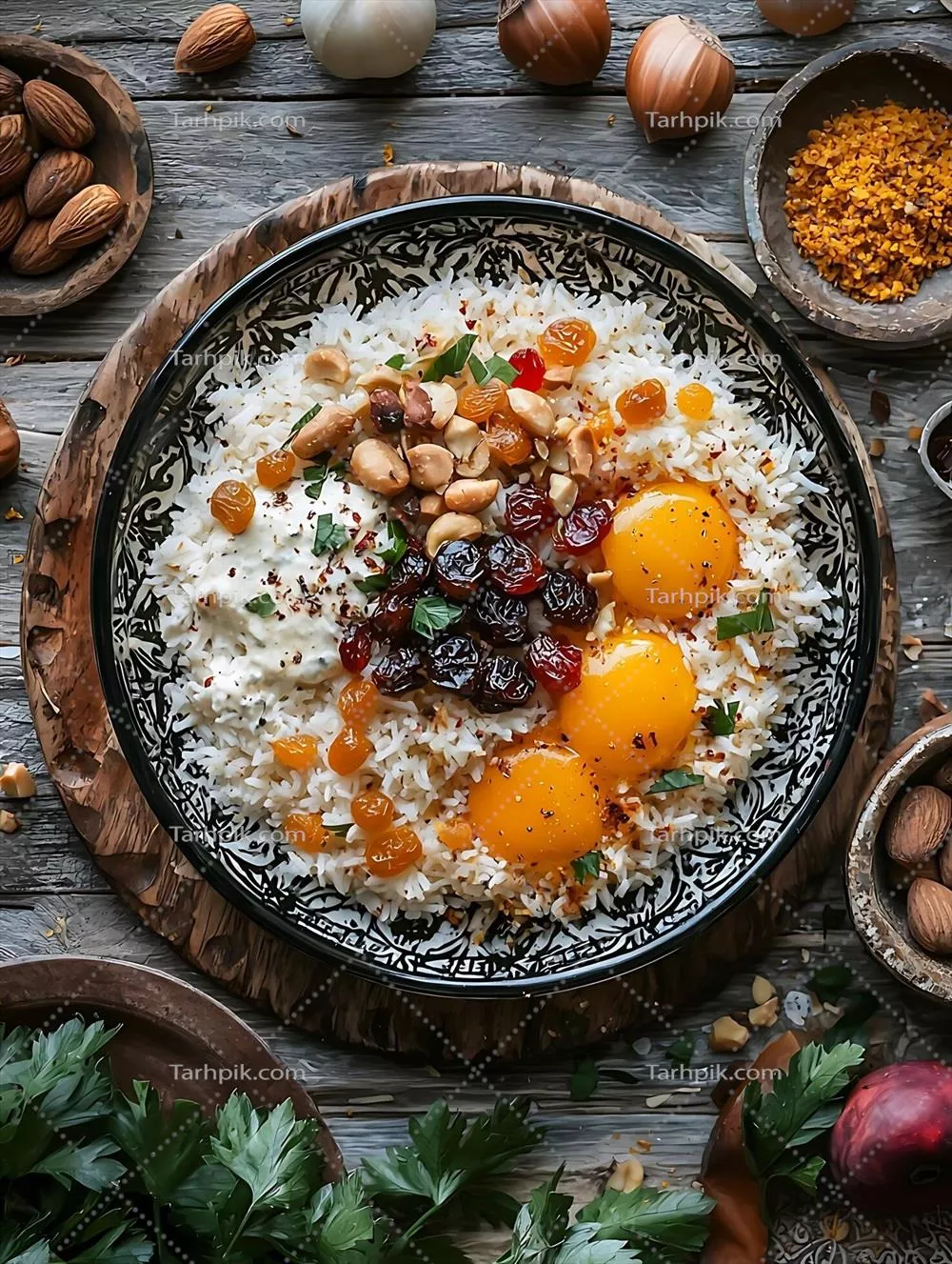 برنج خوشمزه با تخم‌مرغ، مغزها و میوه‌های خشک برای لذت بردن