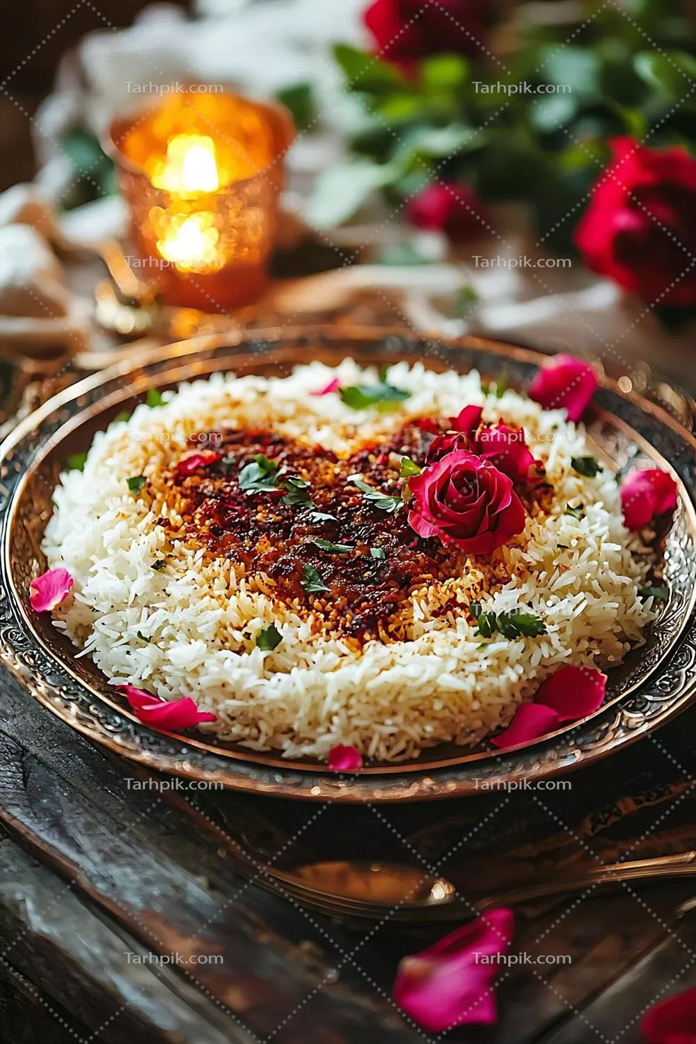 پیش غذایی ظریف از برنج سفید با زیبایی گل های قرمز و نور شمعی