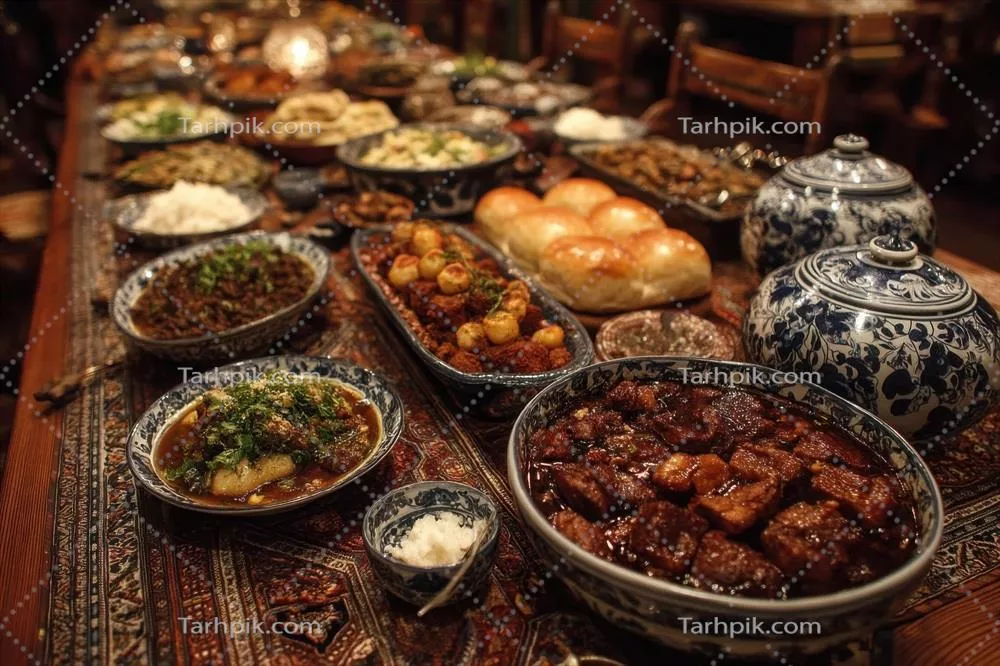 میز پر از غذاها و دیس‌های لذیذ برای مهمانی‌ها و جشن‌ها