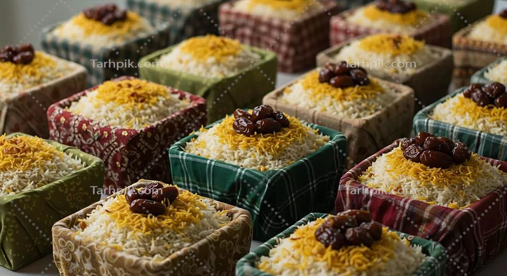 برنج زعفرانی با تزیینات و خرما برای پذیرایی با ارائه زیبا