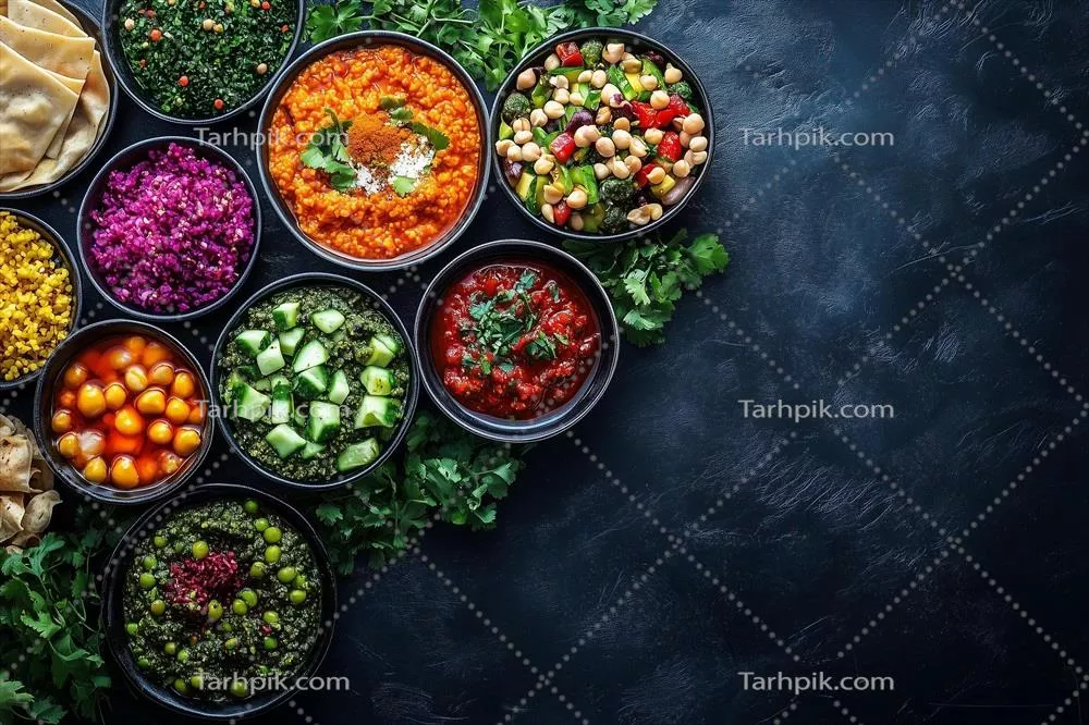 دستگاه رنگارنگ غذاهای ایرانی در پس زمینه تاریک برای جشن نوروز و سال نو ایرانی