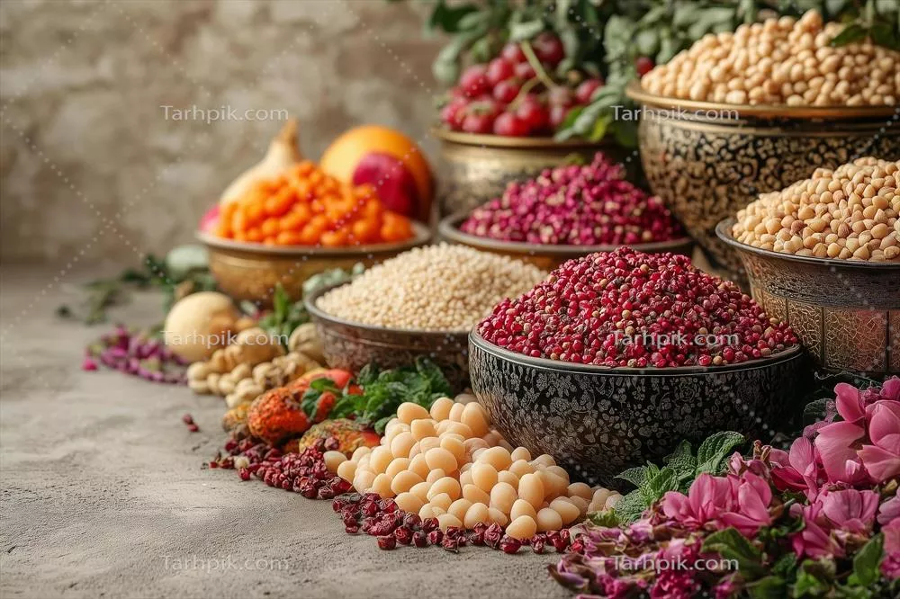 نمایش رنگارنگ غذاها و تزئینات نمادین نوروز، جشن سال نو ایرانی و بهار و تجدید حیات