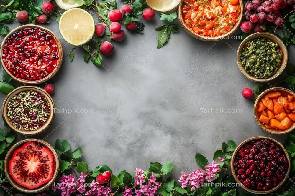سفره هفت سین نوروزی با چیدمان ویژه و تزیینات سنتی بر روی زمینه ای خاکستری