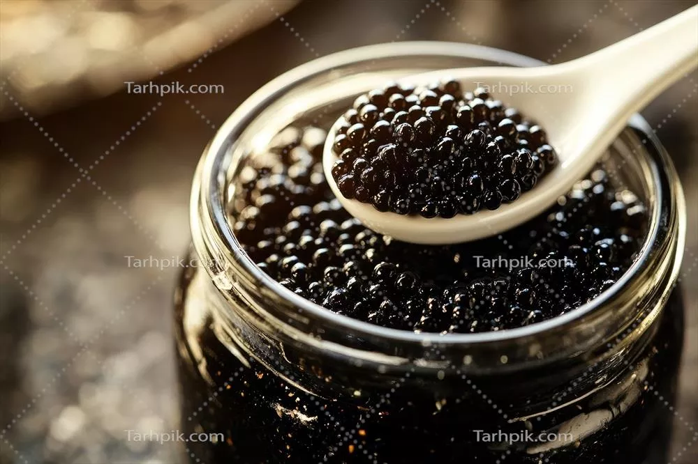 قاشق نگهدارنده خاویار سیاه بر روی شیشه