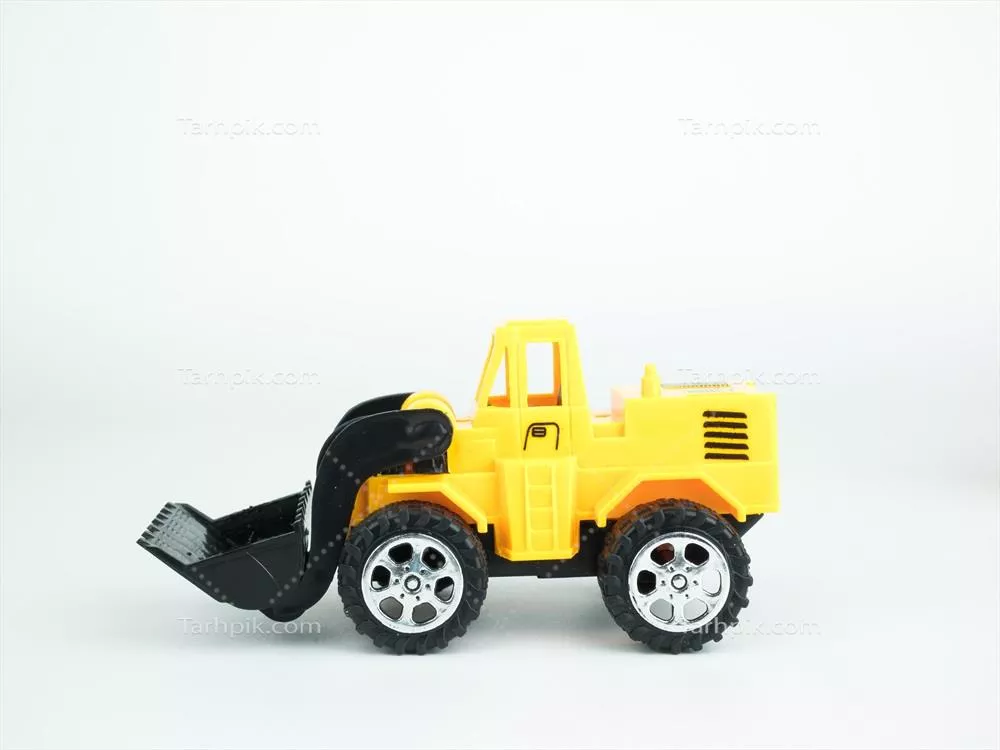 کامیون Bulldozer اسباب بازی بر روی پسزمینه سفید: مفهوم مهندسی و ساخت و ساز