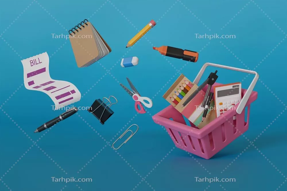 تصویر سهبعدی از سبد خرید پر از لوازمتحریر و اسناد روی زمینه آبی
