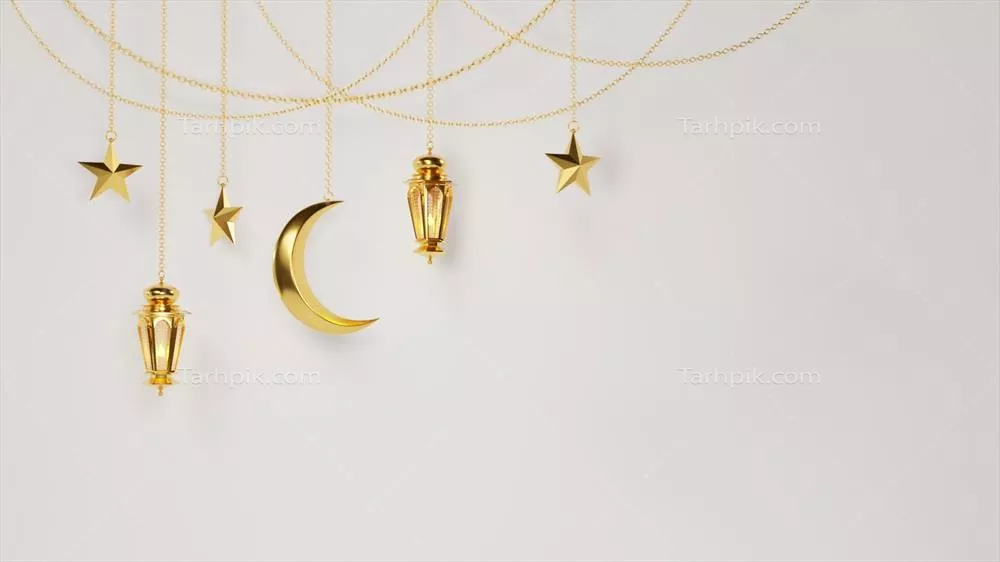تبریک رمضان کریم با طراحی سه بعدی فانوس‌های عربی و ماه در پس‌زمینه برای محصولات تبلیغاتی