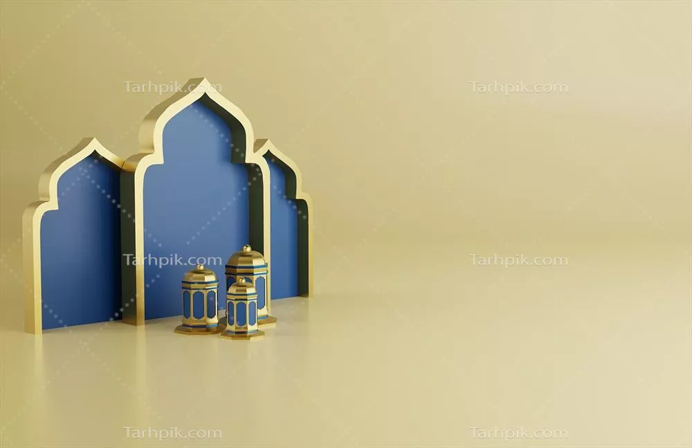 تصویر پس‌زمینه تبریک رمضان اسلامی با معماری سه‌بعدی مسجد، ستاره و فانوس‌های عربی