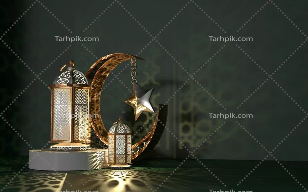 مجموعه غیرقابل تجسم از رمضان کریم با پس زمینه تاریک و هلال ماه و فانوس