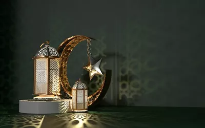 مجموعه غیرقابل تجسم از رمضان کریم با پس زمینه تاریک و هلال ماه و فانوس