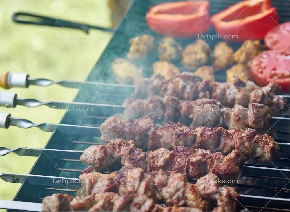کباب ششلیک با بال مرغ و گوجه‌فرنگی و فلفل کبابی خوشمزه