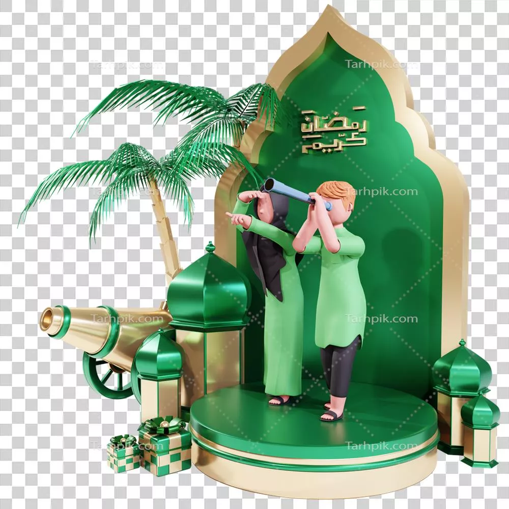 بنر ویژه رمضان با طراحی سه بعدی شخصیت مسلمان و زوج آن