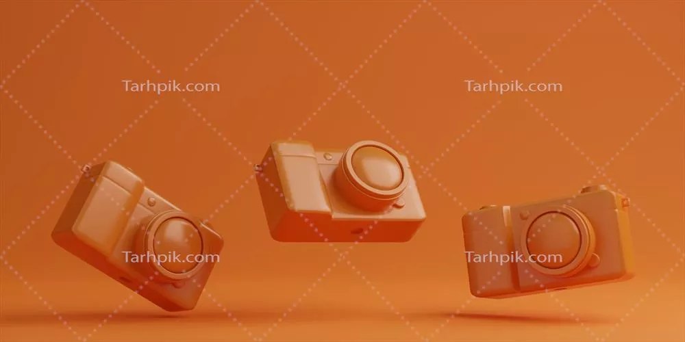دوربین دیجیتال نارنجی بر روی پس زمینه نارنجی - مفهوم فناوری با رندرینگ سهبعدی