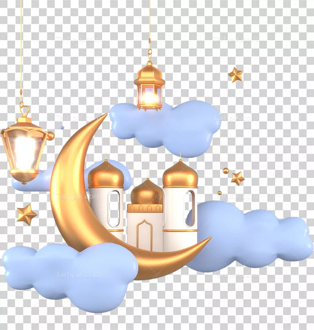 عناصر تبریک ماه رمضان با پسزمینه اسلامی شامل مساجد زینتی، هلال، ستاره و ابر