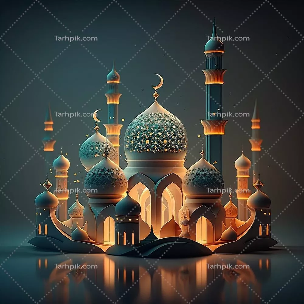 کارت طراحی تبریک رمضان کریم با پسزمینه زیبا و مسجد سهبعدی طلایی