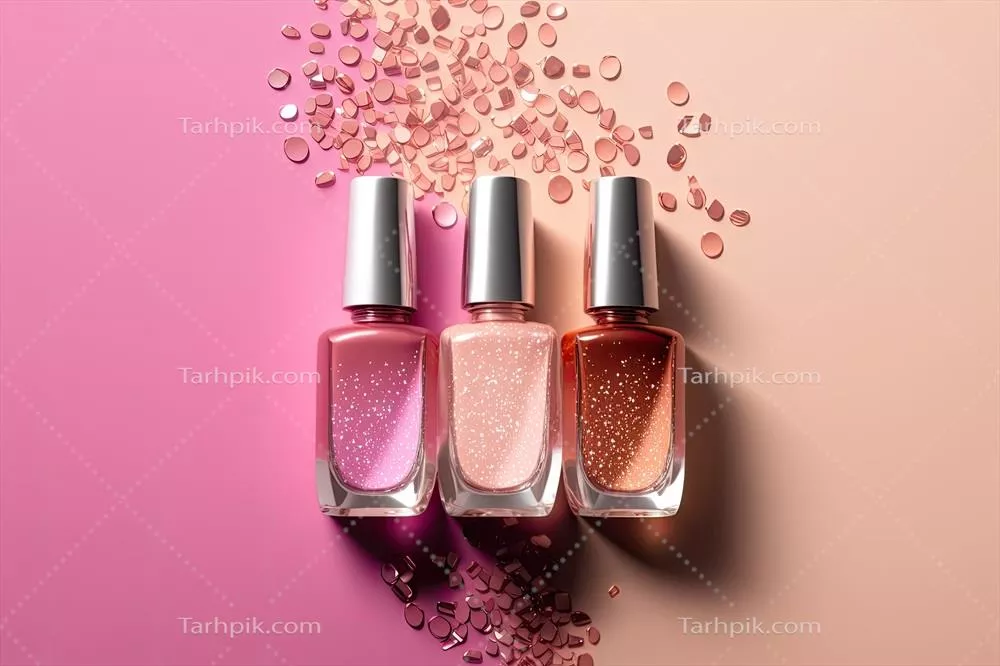 طرح طراحی مد روز با تصویر بطری شیشه‌ای لاک ناخن - تولید شده با هوش مصنوعی