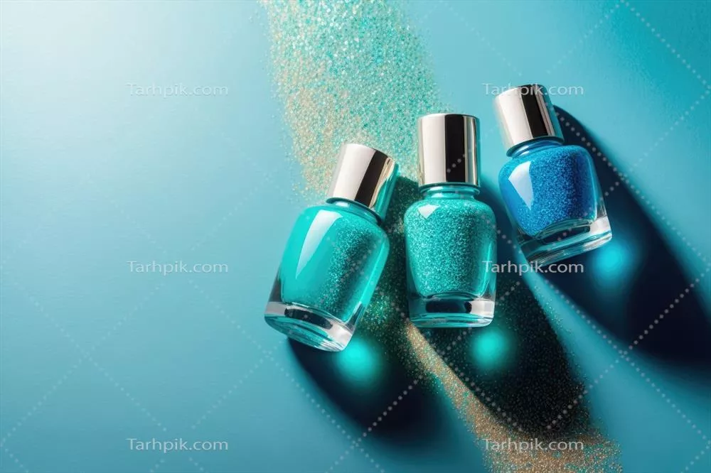 الگوی طراحی مدرن با تصویر بطری‌های شیشه‌ای لاک ناخن به شیوه هوش مصنوعی