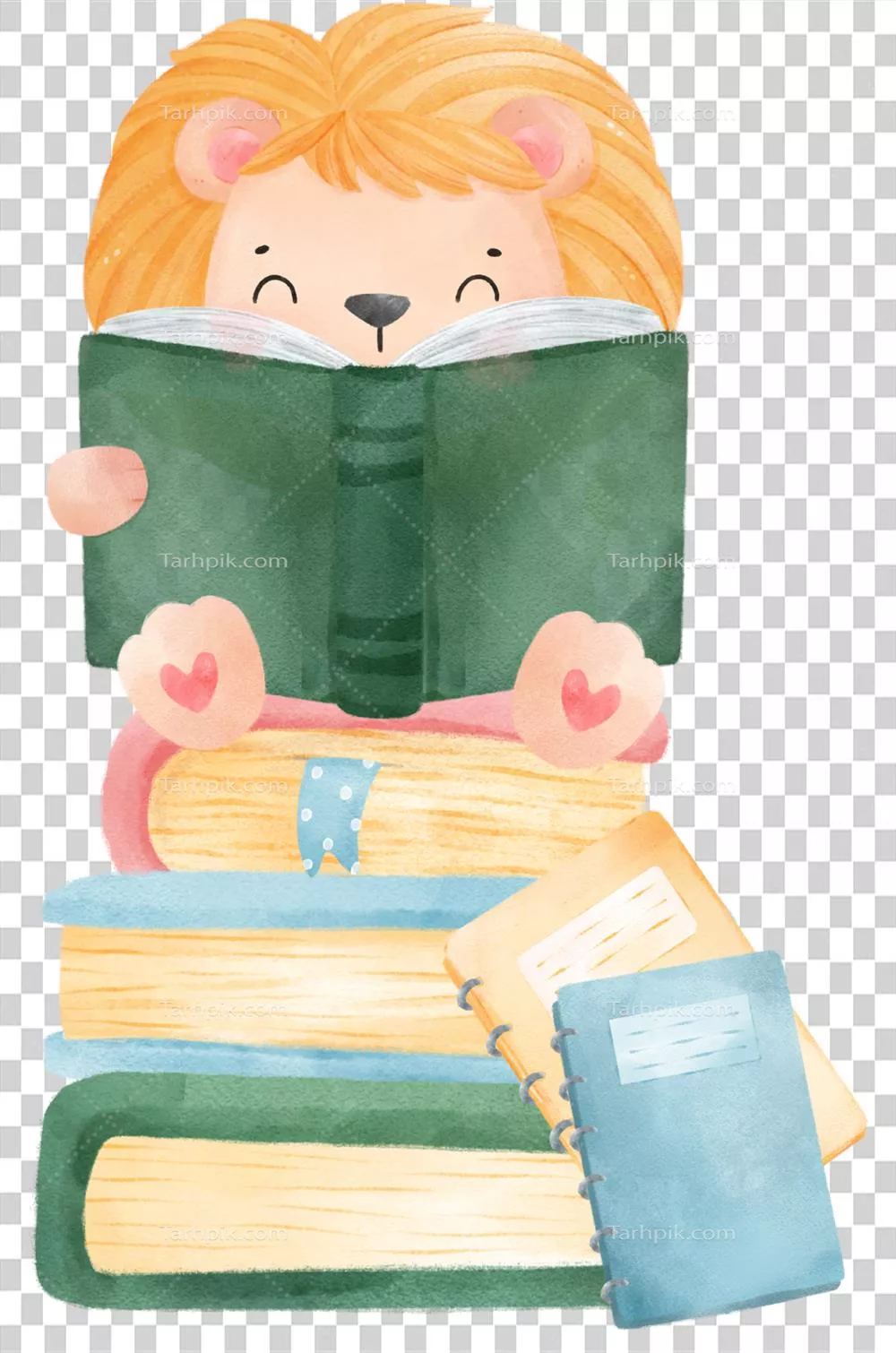 تصویر جذاب شیر بچه آب رنگی در حال مطالعه کتاب برای بازگشت به مدرسه