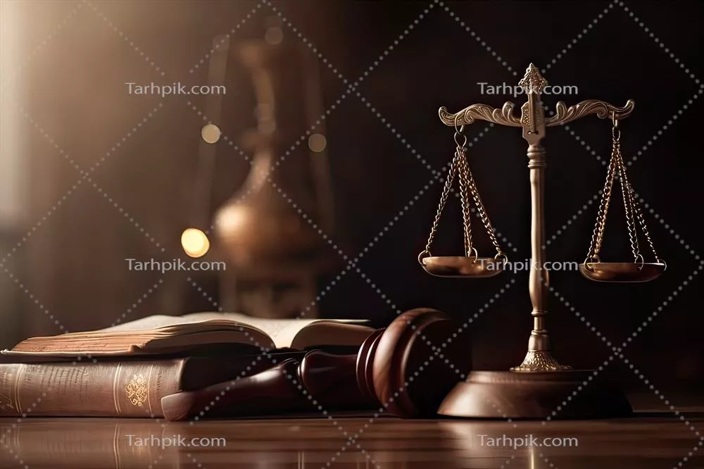 تصویر قاضی با چکش و وکلای در حال بحث درباره مفاهیم حقوقی در دفتر وکالت